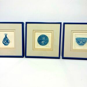 Malou Oi Yee Hung Set of 3 Signed Etching Prints Blue & Porcelain Numbered